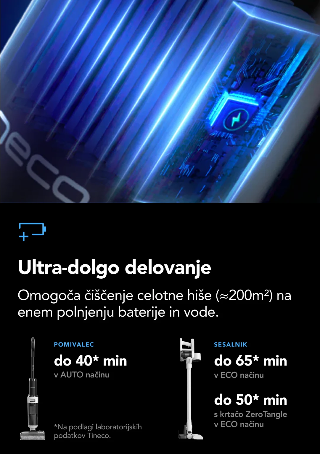 Ultra-dolgo delovanje na kablu Omogoča čiščenje celotne hiše (≈250m²) na enem polnjenju in praznenju vode. 1.0L Rezervoar sveže vode 0.72L Rezervoar umazane vode